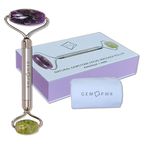 GEM PWR Amethyst + Jade Roller for Face and Neck Massage, Dual Gemstones with Durable Steel Handle and Travel Bag. Minimize Wrinkles, Reduce Puffiness