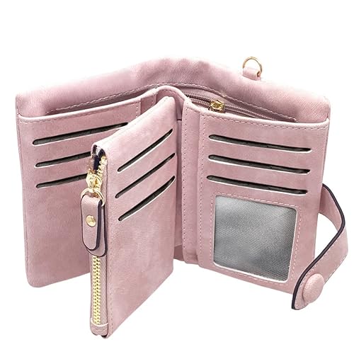 TOPKULL Bifold Small Rfid Soft Leather Ladies Trifold Wallets Billfolds Mini Wristlet Clutch Cute Zipper Coin Purse with Wrist Strap (Pink)