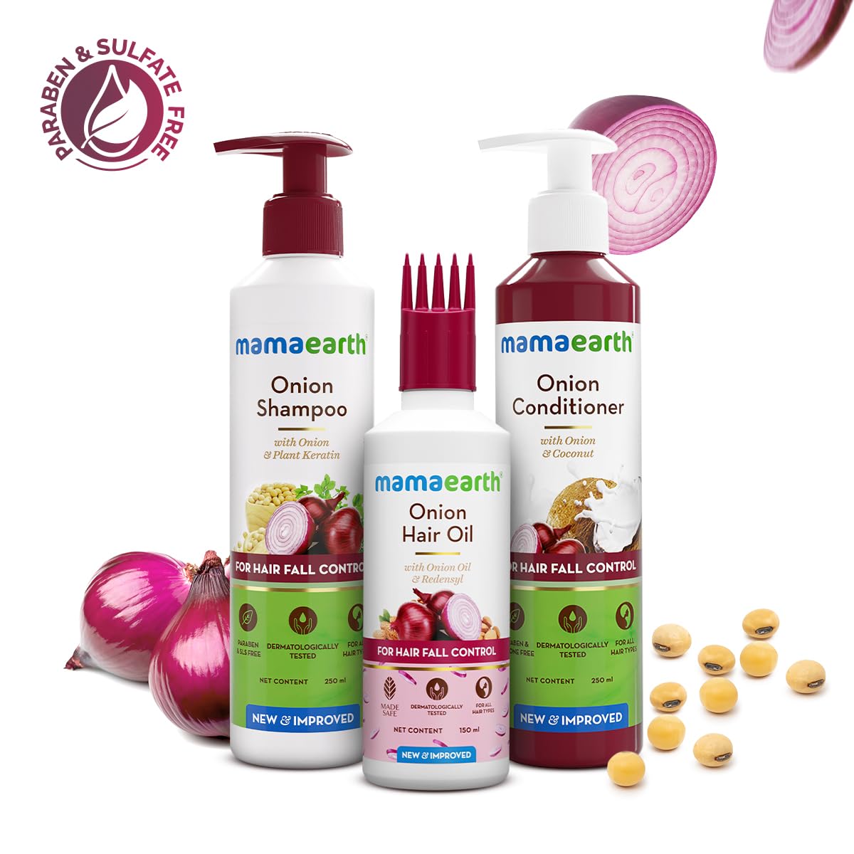 Mamaearth Onion Hair Care Kit - Hair Fall Control with 150ml Onion Oil & Shampoo + Conditioner (250ml Each) | Anti Hair Loss & Growth Formula | 3