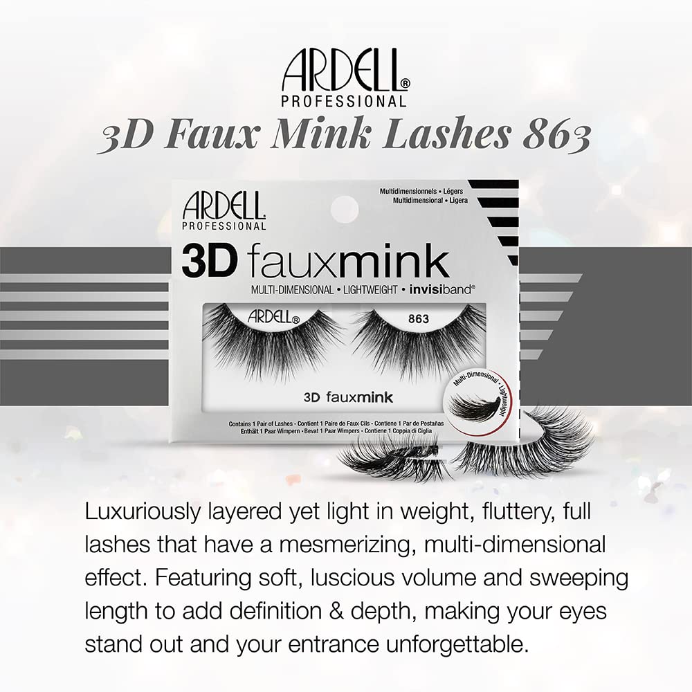 Ardell 3D Faux Mink Lashes 863 - Multi-Dimensional Lashes Natural Look Wispy Finish with Invisiband, 1 Pair