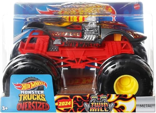 Hot Wheels Monster Trucks Oversized Twin Mill 1:24 Scale Die-Cast Vehicle, Red and Black, Giant Wheels, Ages 3-8 Years
