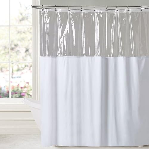 Sweet Home Collection 10 Gauge Vinyl Window Shower Curtain with Clear See Through Top, 84" Long x 72" Wide, White