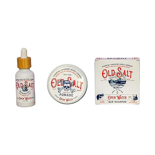 Open Water Trio - Old Salt Grooming Supply - Beard Oil, Pomade and Bar Shampoo Set with Undaria Sea Kelp - Handcrafted, Natural, No Harsh Chemicals