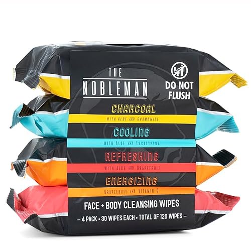 The Nobleman Face & Body Cleansing Wipes - Charcoal Cooling Refreshing Wipes with Aloe Vera, Chamomile, Grapefruit & Vitamin C, Mens Body Wipes