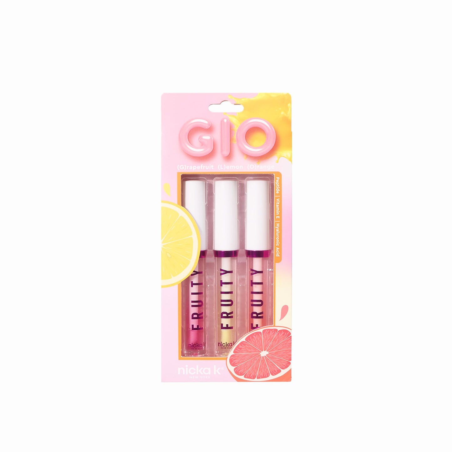 NICKA K NEW YORK GLO Fruity Lip Gloss Set - Grapefruit, Lemon & Orange - Hydrating, Non-Sticky, Long-Lasting Shine (MLGFR1 Glo)