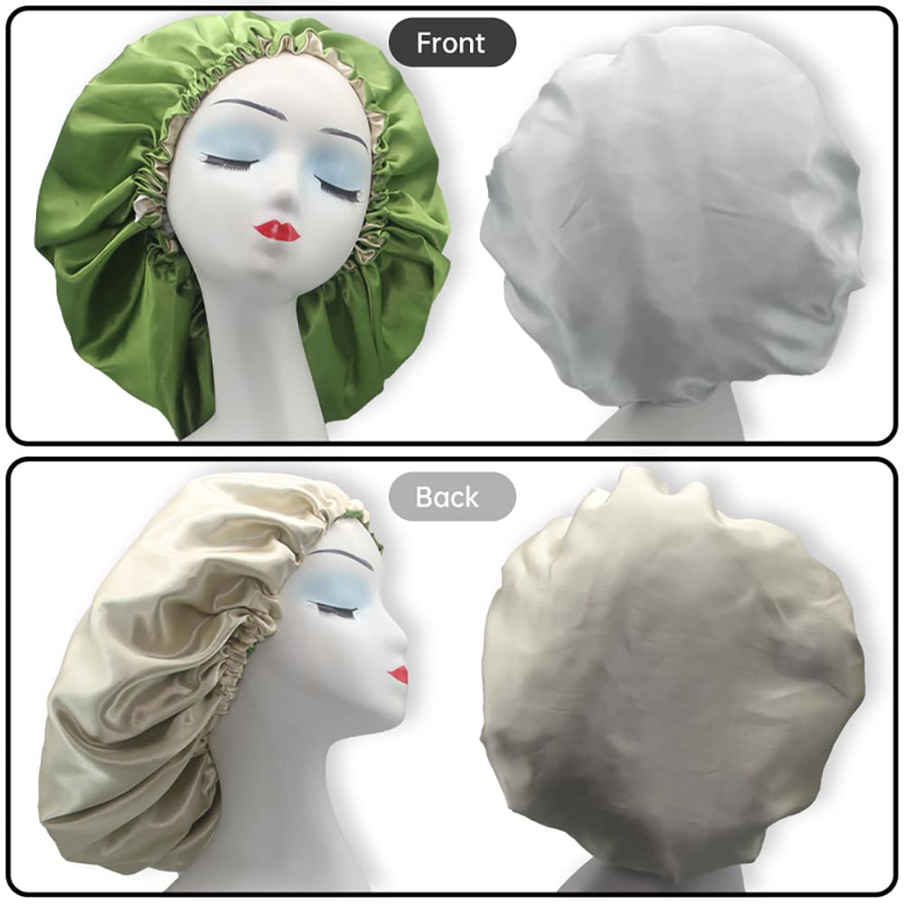 Hanbertti 2pcs Double Layer Satin Sleep Cap, Adjustable Satin Cap, Silk Bonnet, Reusable Bath Hair Cap for Night Sleeping Reversible (Silver Black+