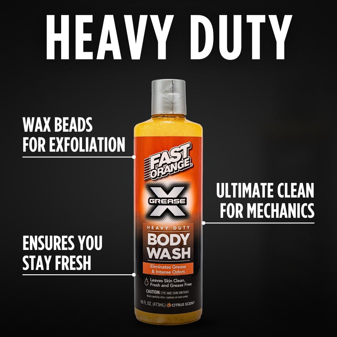 Fast Orange 25716 Grease X Body Wash, Exfoliating & Hydrating Heavy Duty Shower Gel for Men and Women, Mechanic & Industrial Body Soap Removes Grime