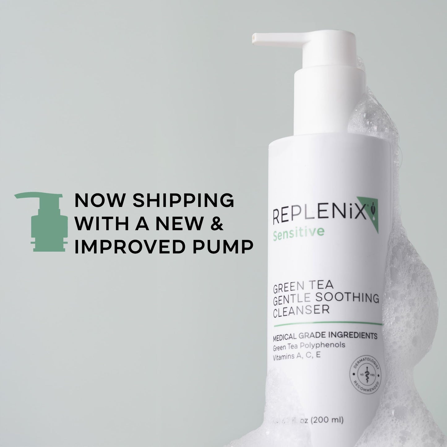 Replenix Green Tea Gentle Soothing Facial Cleanser, Medical-Grade Sensitive Skin Face Wash, Now with New & Improved Packaging (6.7 fl. oz)