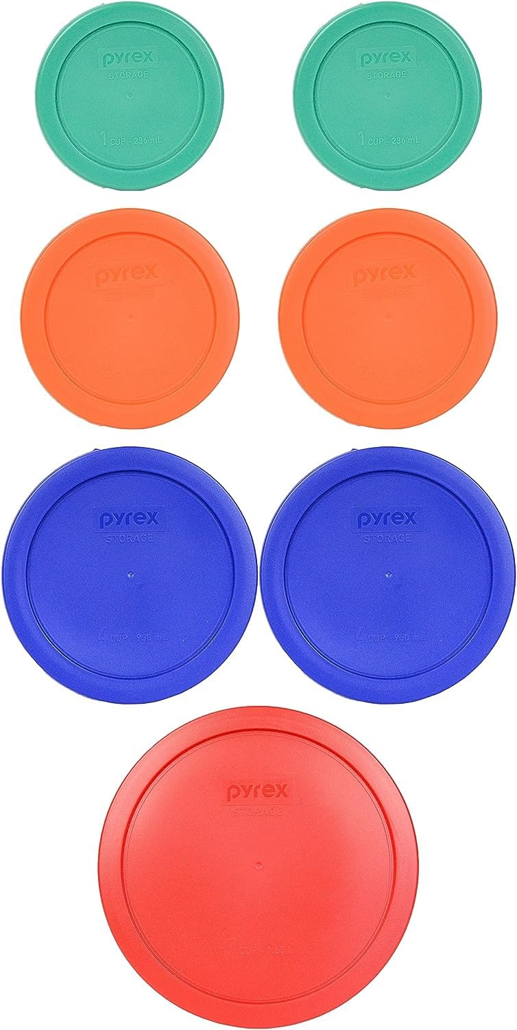 Pyrex (2) 7202-PC Green, (2) 7200-PC Orange, (2) 7201-PC Cobalt Blue, (1) 7402-PC Red Food Storage Lids - Made in USA