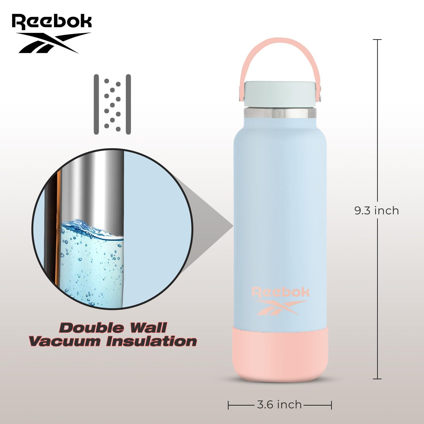 Reebok Stainless Steel Wide Mouth Water Bottle With Flex Cap For Outdoor - 32 oz - Double Wall Vacuum Insulated Sports Water Bottle With Silicone