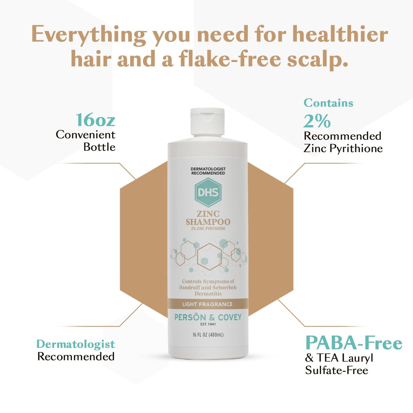 DHS Zinc Shampoo - Dandruff Shampoo - for Flaky and Dry Scalp with 2% Zinc Pyrithione, 16 oz