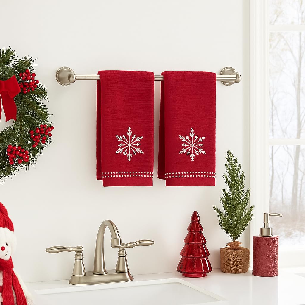 Serafina Home Christmas Bath Fingertip Towels, Red with White Embroidered Snowflake, 2 Piece Set, 12 x 18 inches, 100% Cotton,for bathrooms & Kitchens