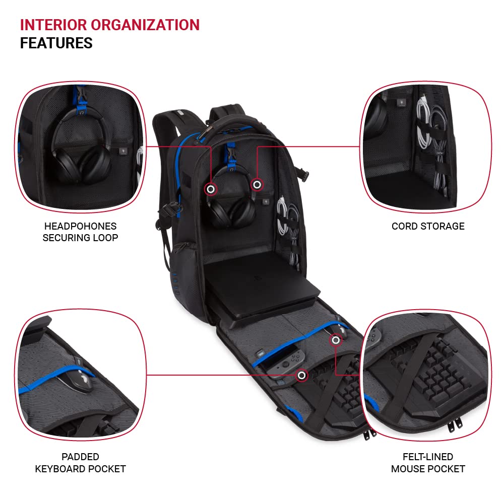 SwissGear Gaming Laptop Backpack with Charger Port (USB), Blue/Black