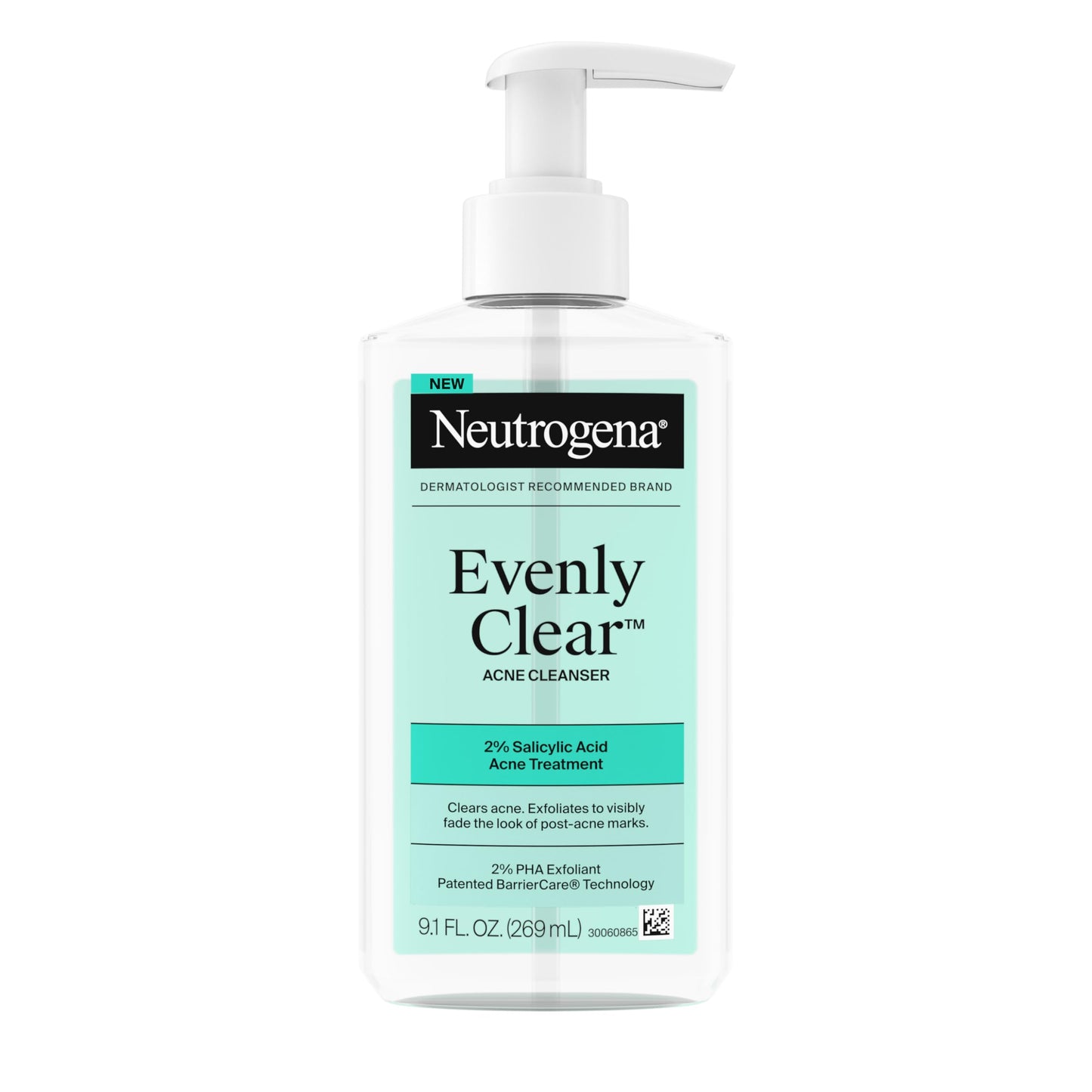 Neutrogena Evenly Clear Acne Cleanser with 2% Salicylic Acid & 2% PHA Exfoliant, Gentle Foaming Face Wash Clears Clogged Pores & Blackheads While