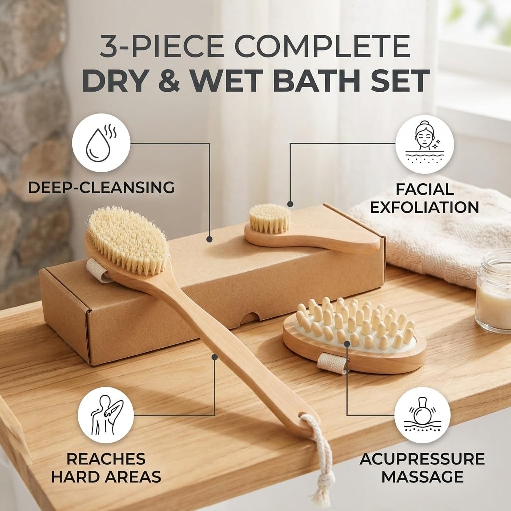 Vanttokeey Body Brush Set 3 in 1 Shower Back Scrubber with Long Handle Natural Bristle Dry Wet Exfoliating Bath Brush with Detachable Head for Deep Beauty and Personal Care Vanttokeey
