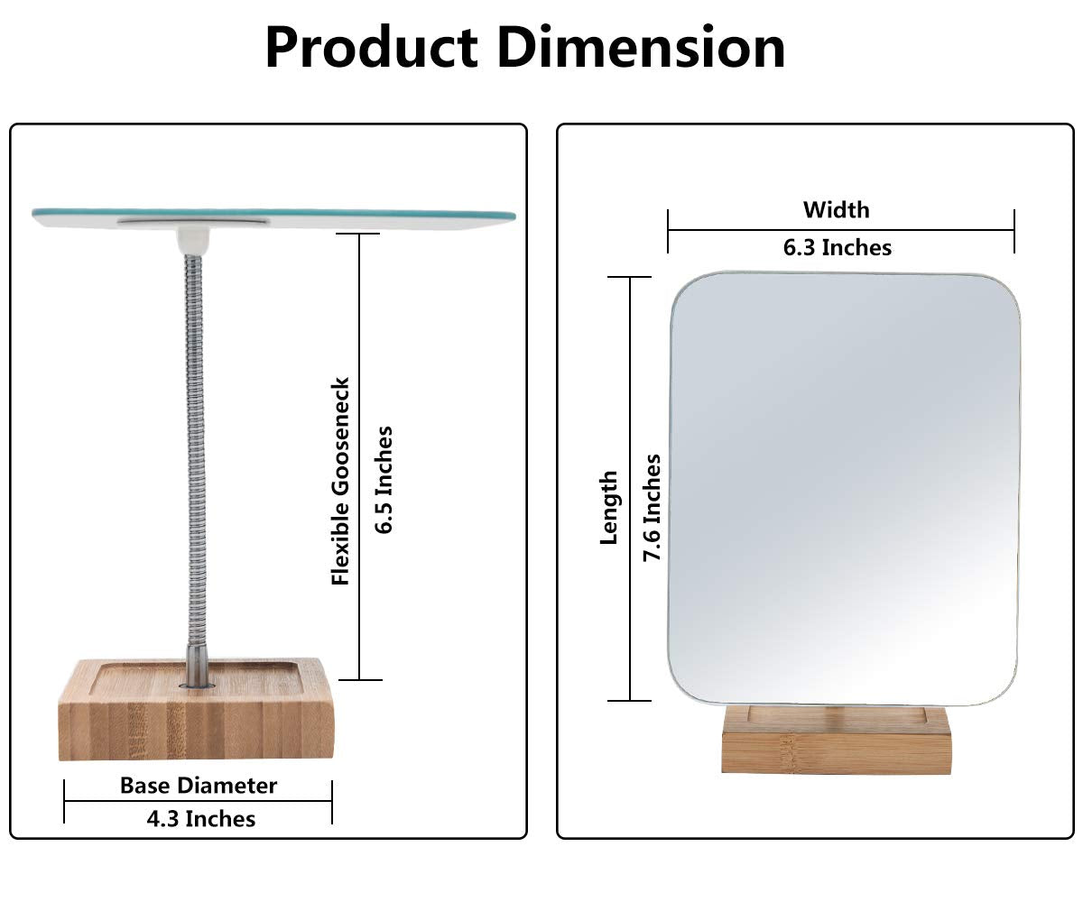 YEAKE Flexible Gooseneck Bamboo Vanity Makeup Mirror,360°Rotation 8" Large Frameless, Folding Portable Table Desk Mirror with Stand for Bathroom