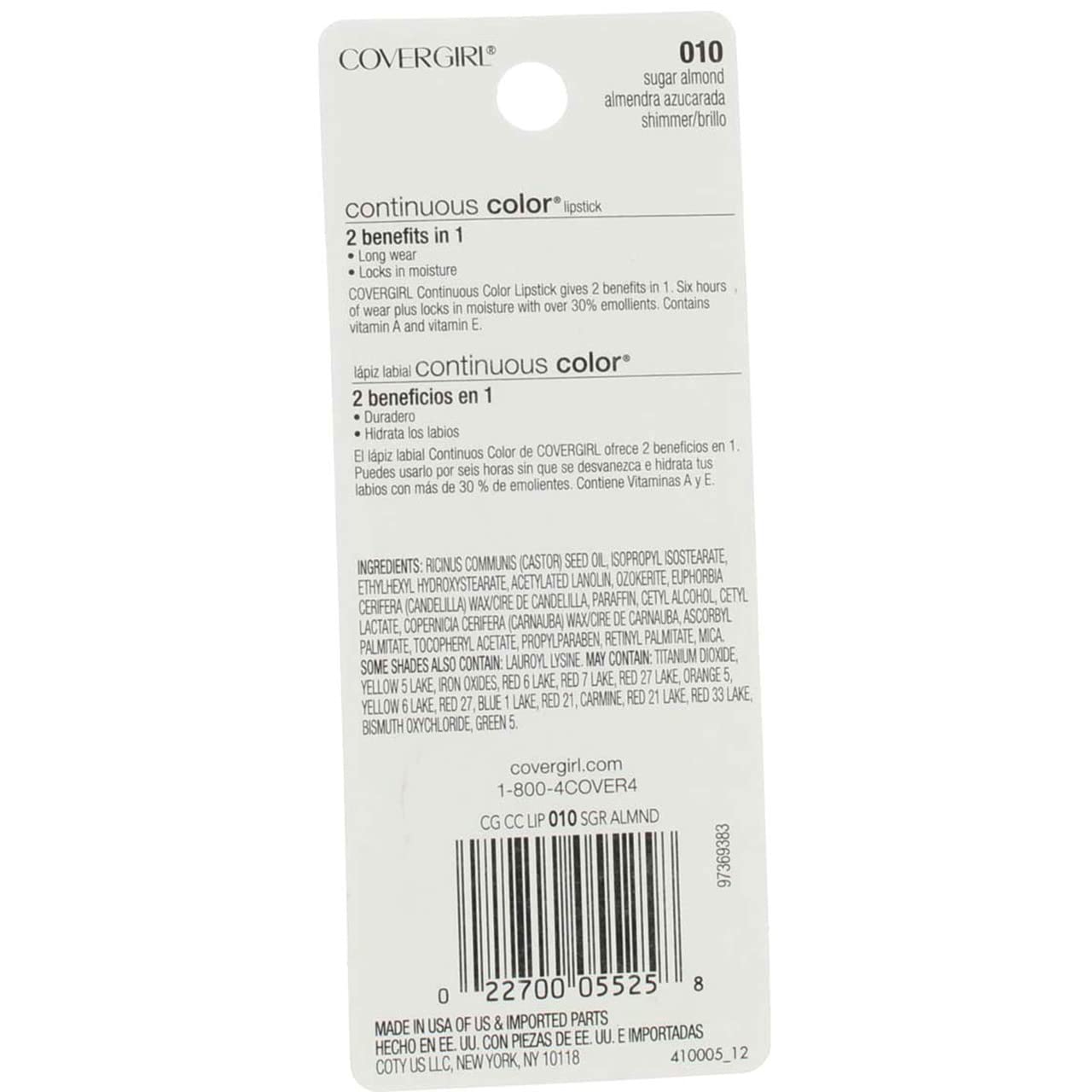 CoverGirl Continuous Color Shimmer Sugar Almond 010 Lipstick -- 2 per case.
