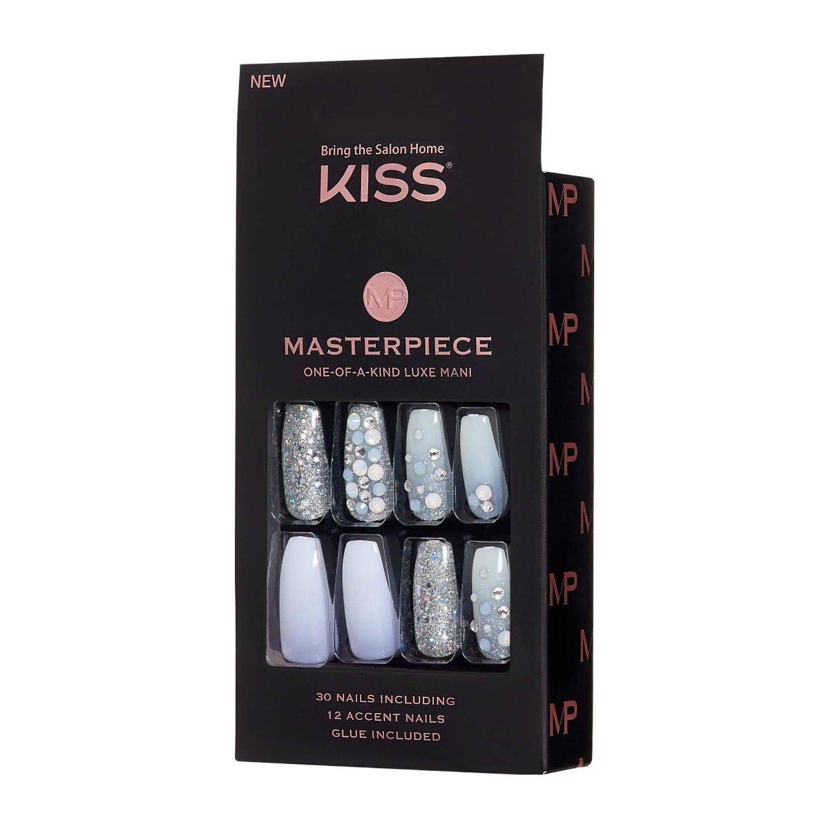KISS Masterpiece One-Of-A-Kind Luxe Mani, Long Length, Premium Acrylic Fake Nails, Style “No.1”, with Pink Gel Nail Glue, Manicure Stick, Mini File,