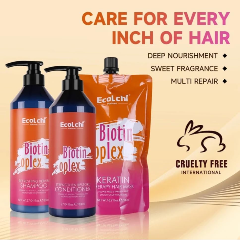 Ecolchi Biotin Oplex Hair Care Set with Shampoo, Conditioner, Hair Mask - Amino Acids Plus Keratin Treatment - Repair Heat Damage, Frizz
