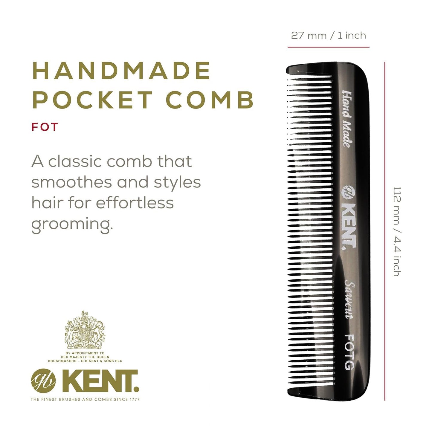 Kent FOT G 4.5" Handmade Pocket and Travel Comb - Fine Tooth Styling Comb for Fine or Thinning Hair, Mustache, Beard, and Hair Care