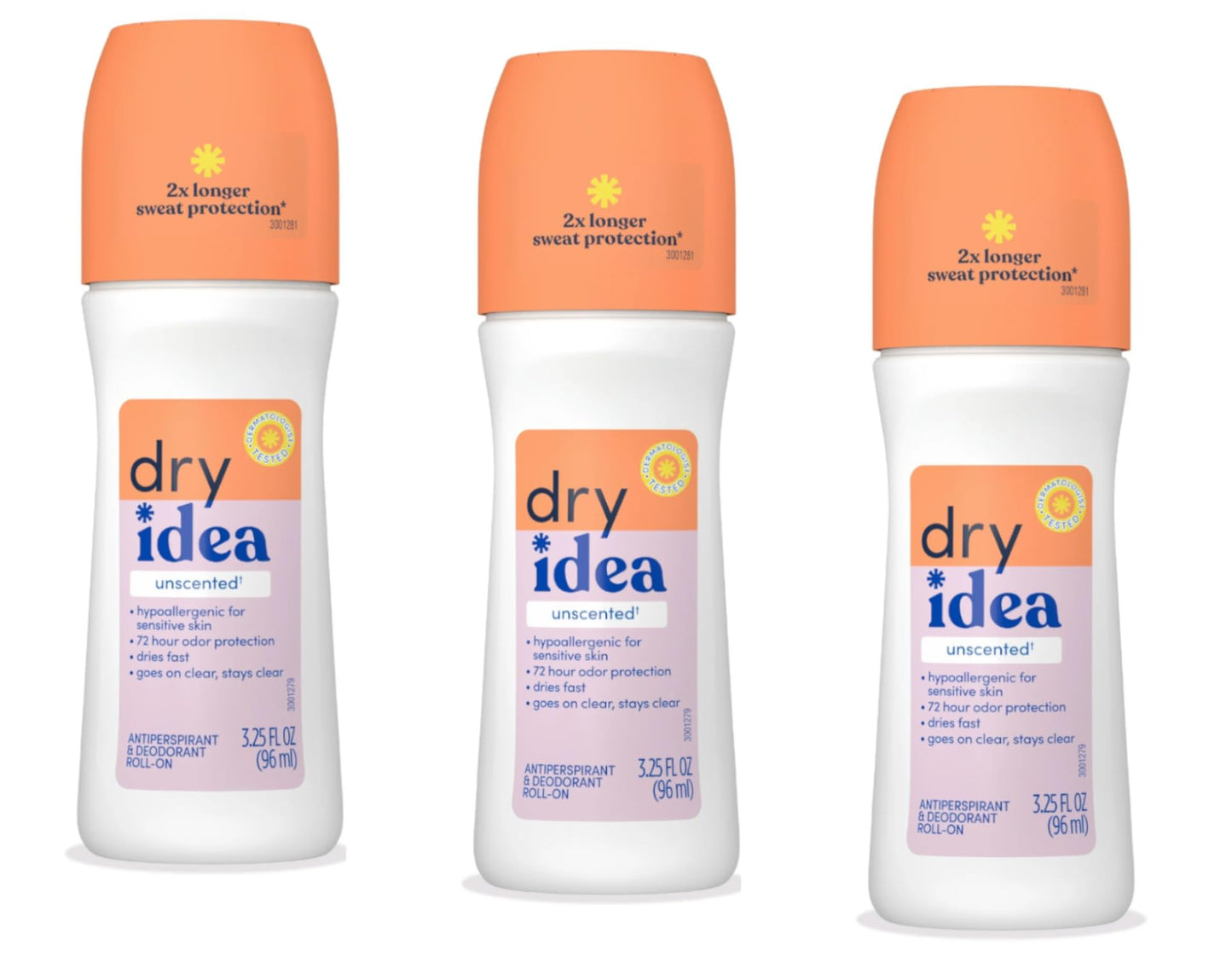 Dry Idea Anti-Perspirant Deodorant Roll-On Unscented, 3.25 Fl Oz (Pack of 3)
