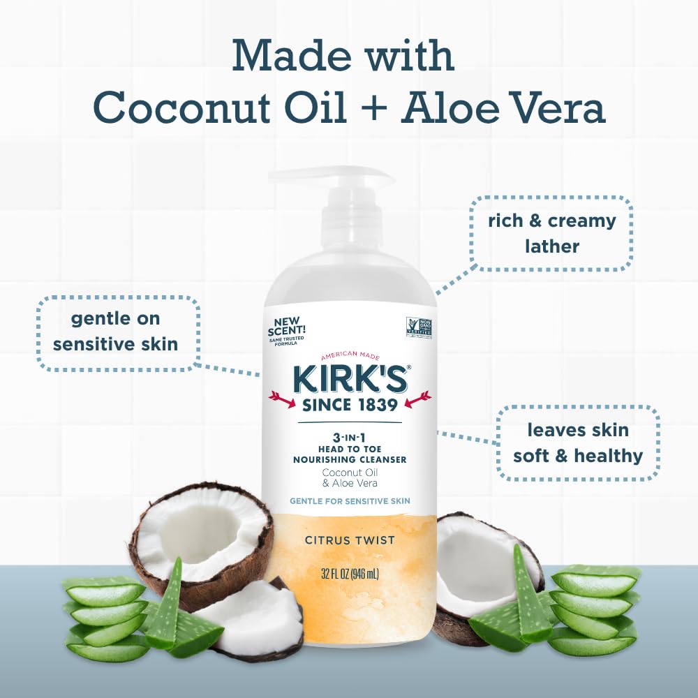 Kirk's Citrus Twist 3-in-1 Nourishing Cleanser, Shampoo Body Wash Bubble Bath, Coconut Oil and Aloe Vera, Vegan Non-GMO, 32 Fl Oz Beauty & Personal Care Kirk's