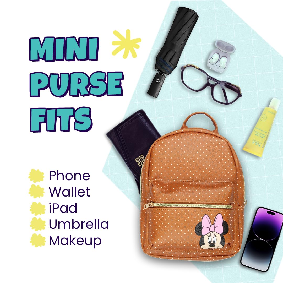 Disney Minnie Mouse with Polka Dots Mini PU Leather Backpack Purse with Adjustable Straps 10 Inch (Brown, One Size)