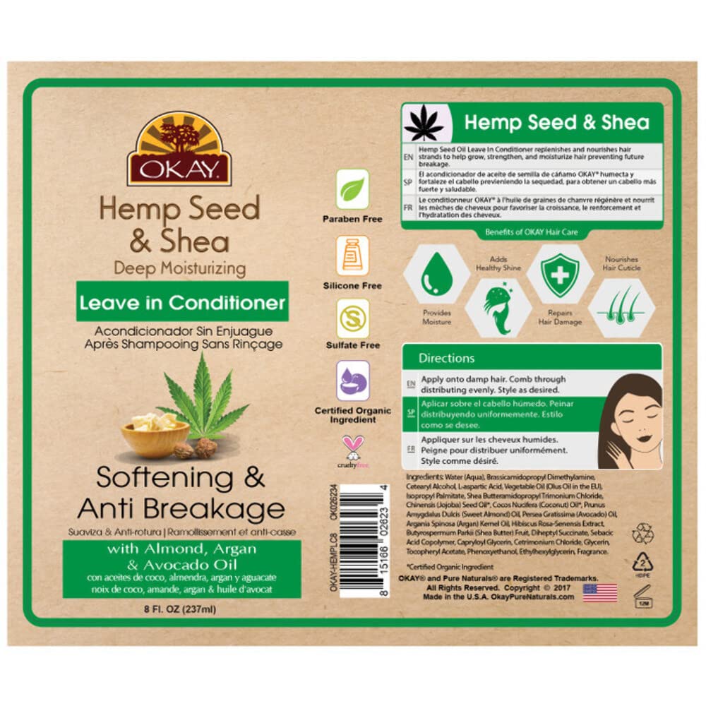 OKAY Hemp Seed & Shea Softening & Anti Breakage Leave In Conditioner | Helps Stimulate Hair Growth & Prevents Breakage | Sulfate, Silicone, Paraben