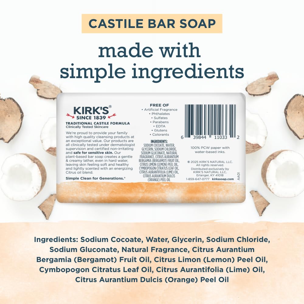 Kirk's Castile Bar Soap, Citrus Twist - Clinically Tested, Safe for Sensitive Skin with Coconut Oil, Vegan and Non-GMO - 4 oz Bars, 6 Pack