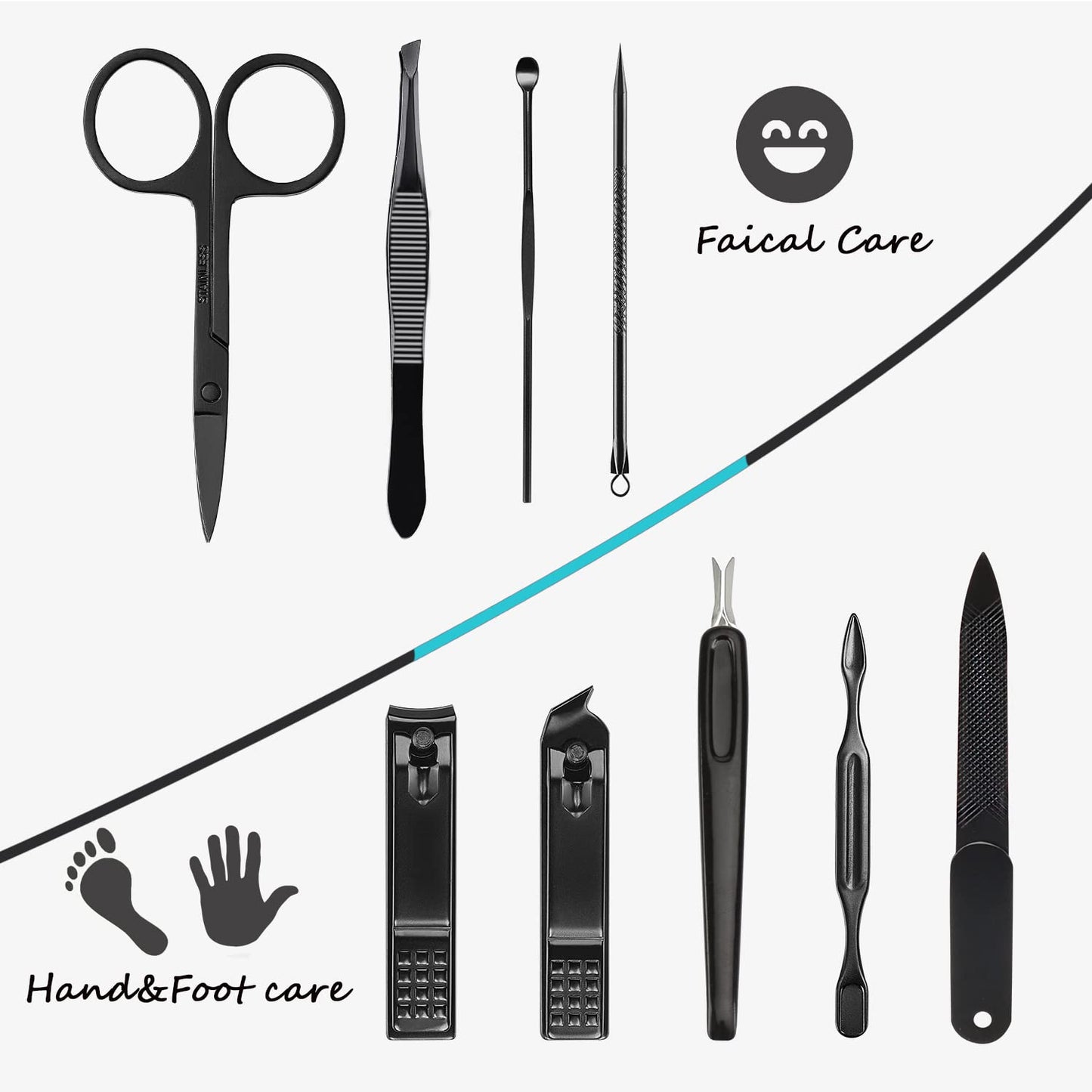 HANTEKAS Manicure Set 9 in 1 Stainless Steel, Nail Clippers Scissors Pedicure Tools Kit - Portable Travel Grooming Kit for Men and Women