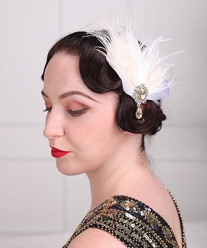 Aimimier Bridal 1920s Flapper Feather Hair Clip Crystal Teardop White Feather Roaring 20s Headpiece Prom Party Festival Hair Jewelry for Women