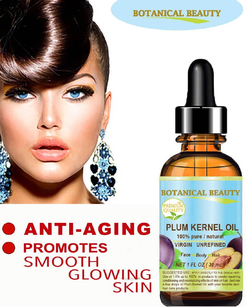 Botanical Beauty French PLUM KERNEL OIL 100% Pure Natural Virgin Unrefined Cold Pressed Carrier Oil 0.33 oz- 10 ml for Face, Skin, Hair, Lips, Nails.