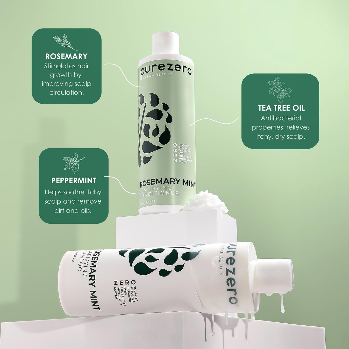 Purezero Rosemary Mint Clarifying Silicone Free Shampoo & Conditioner Set - Vegan Duo for Balanced Scalp, Build-Up Removal & Fresh Minty Finish