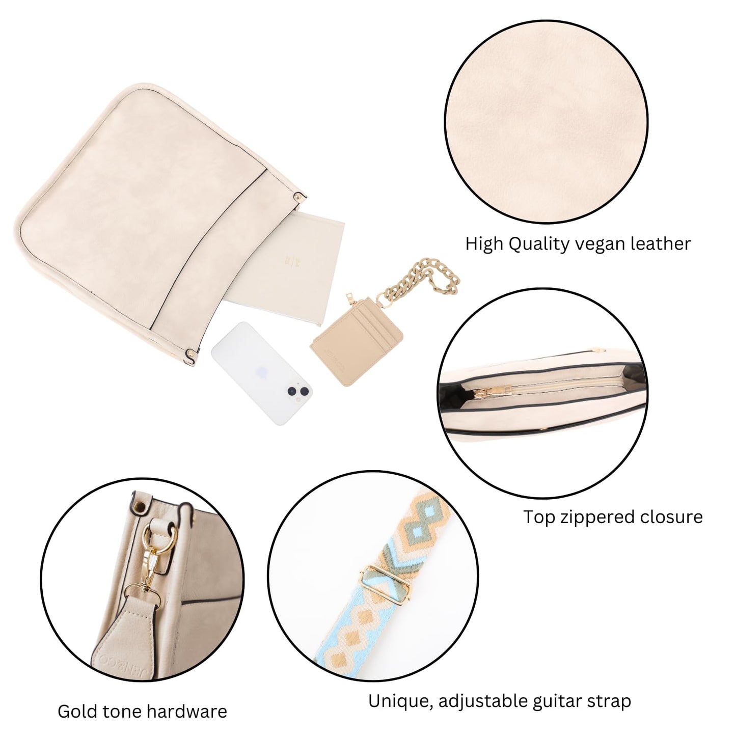 JEN & CO. Crossbody Bags for Women Trendy Vegan Leather Hobo Purses Shoulder Handbags with Wide Adjustable Guitar Strap, Dusty Lavender