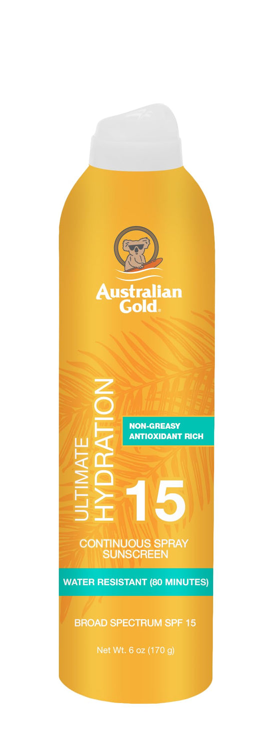 Australian Gold Continuous Spray Sunscreen SPF 15, 6 Ounce, Dries Fast, Broad Spectrum, Water Resistant, Non-Greasy, Oxybenzone Free