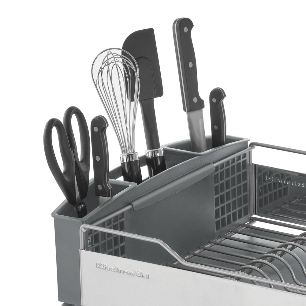 KitchenAid Large Capacity Dish Rack – Rust-Resistant, Full-Size with Angled Drain Board & Removable Flatware Caddy, Light Grey