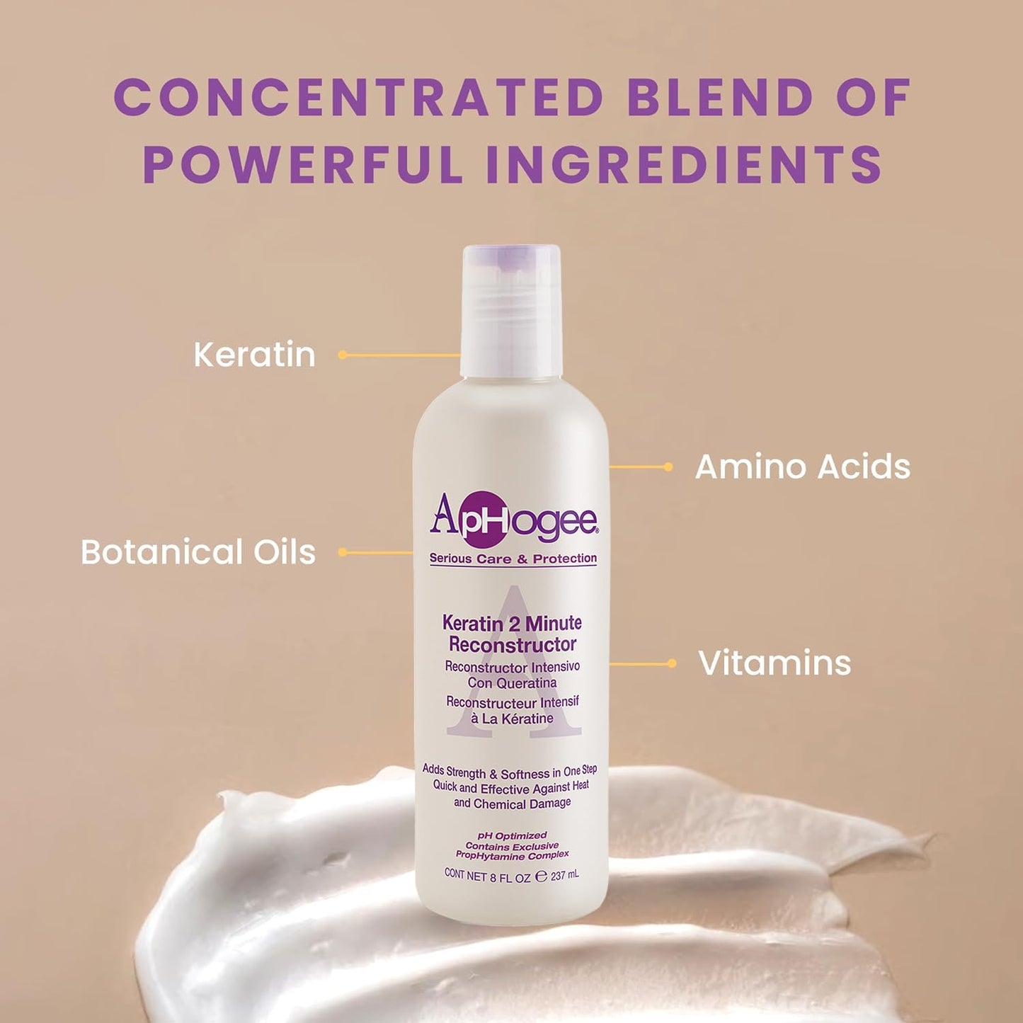 Aphogee Keratin 2 Minute Reconstructor, 8 fl oz - Deep Conditioner for Color-Treated & Heat-Styled Hair, Smooths & Adds Shine