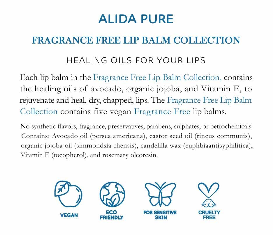 ALIDA PURE Fragrance Free Lip Balm, Vegan Set, Unscented, No Flavor, Beeswax Free, Organic Jojoba and, Avocado Oil, Vitamin E, Natural Moisturizer