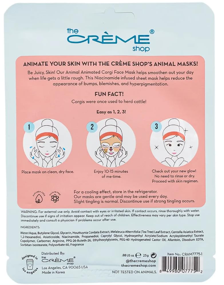 The Crme Shop Be Juicy, Skin! Animated Corgi Face Mask with Niacinamide, K-Beauty Sheet Mask for Brightening and Pore Minimizing, 10 Pack