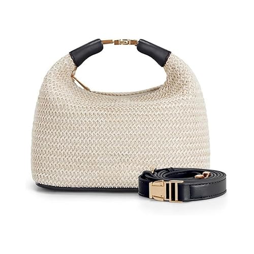 Straw Crossbody Bag for Women, Summer Raffia Handbag Top Handle Woven Tote Purse Vacation Handmade Bucket Clutch Bag (Beige Black)