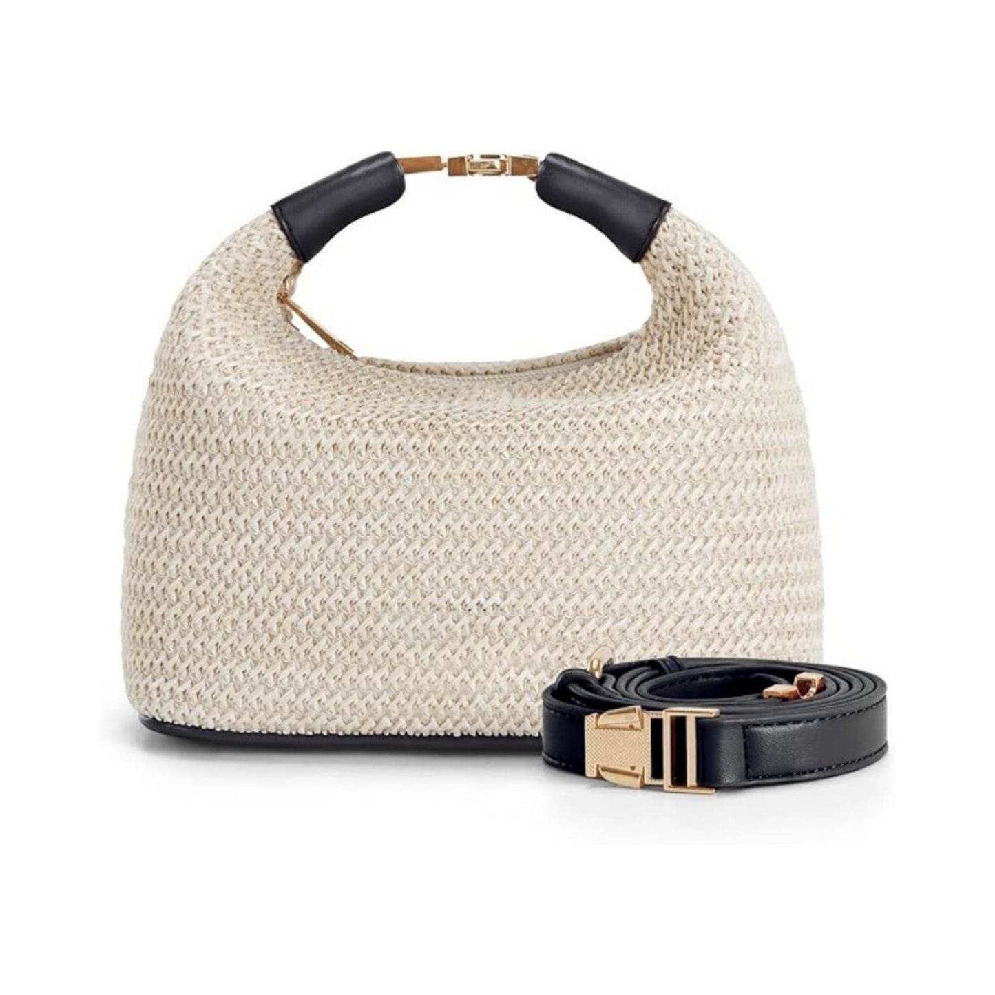 Straw Crossbody Bag for Women, Summer Raffia Handbag Top Handle Woven Tote Purse Vacation Handmade Bucket Clutch Bag (Beige Black)