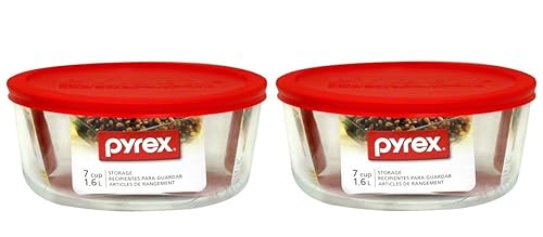 Pyrex 7203 7-Cup Glass Bowl and 7402-PC Red Lid (2-Pack) - Made in USA