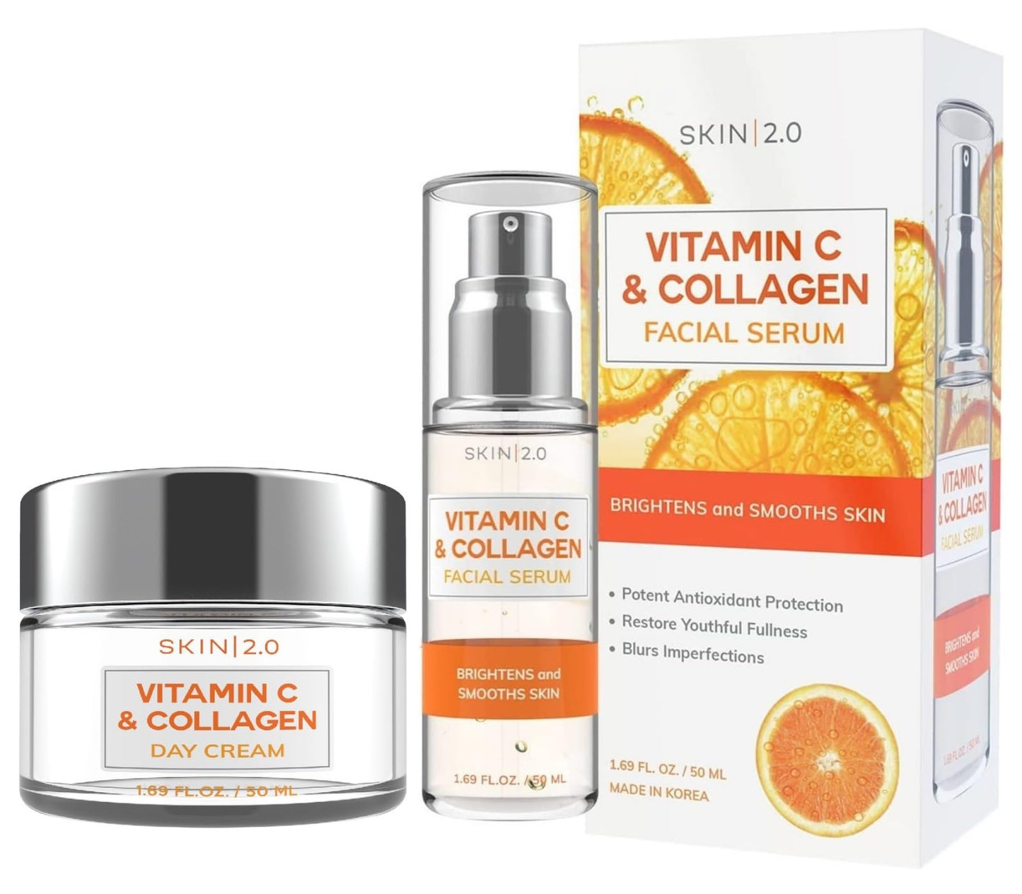 Skin 2.0 Vitamin C & Collagen Serum & Day Cream Set - Anti-Aging, Dark Spot Remover & Brightening - Dermatologist Tested Korean Skincare - Clean
