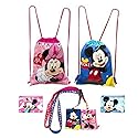Disney Mickey and Minnie Mouse Drawstring Backpacks Plus Lanyards with Detachable Coin Purse and Autograph Books (Set of 6) (Pink Blue)