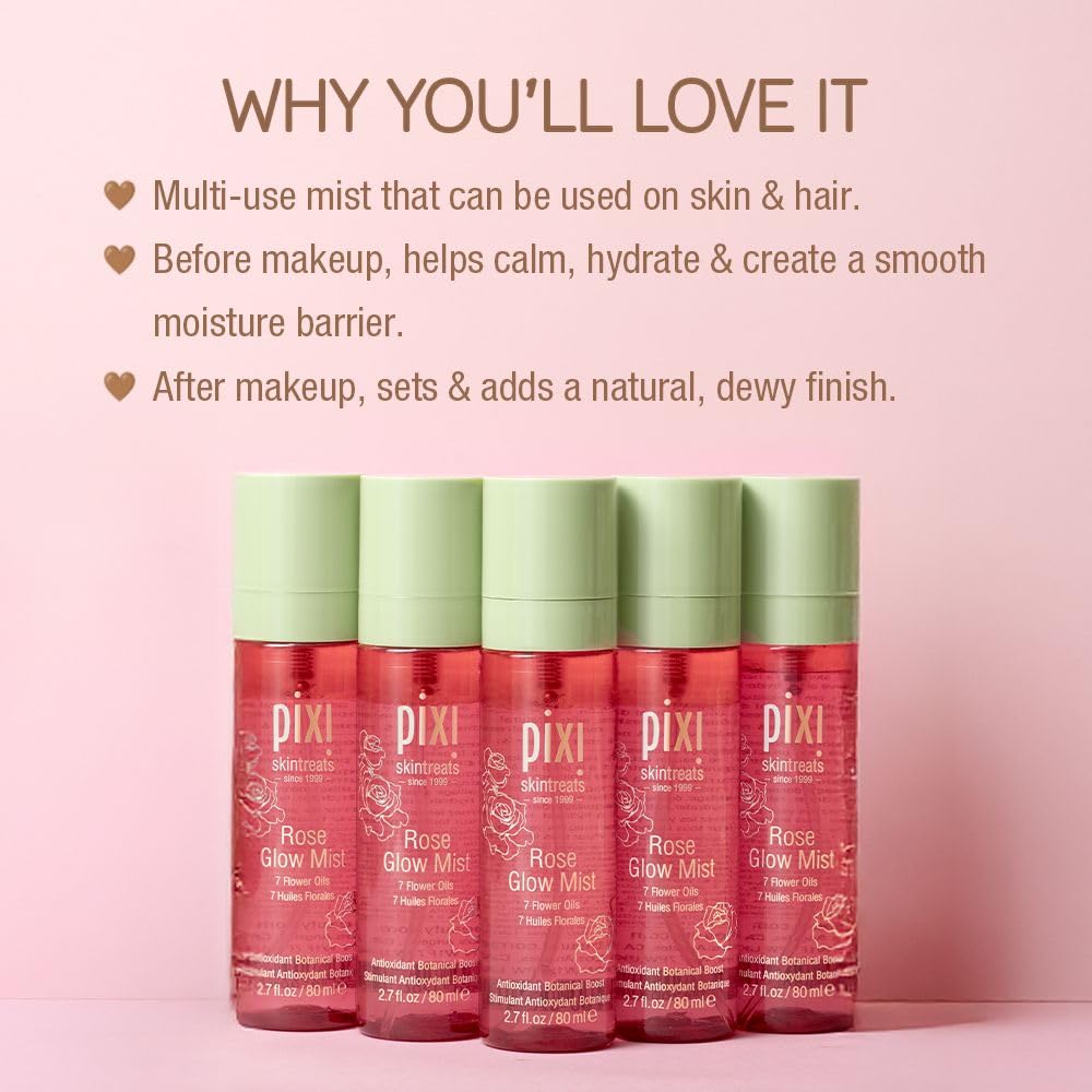 Pixi Beauty Rose Glow Mist | Hydrating Makeup Setting Spray with Rose Water & 21 Natural Oils | Luminous Dewy Finish | All-Day Hold | Refreshes & Sets