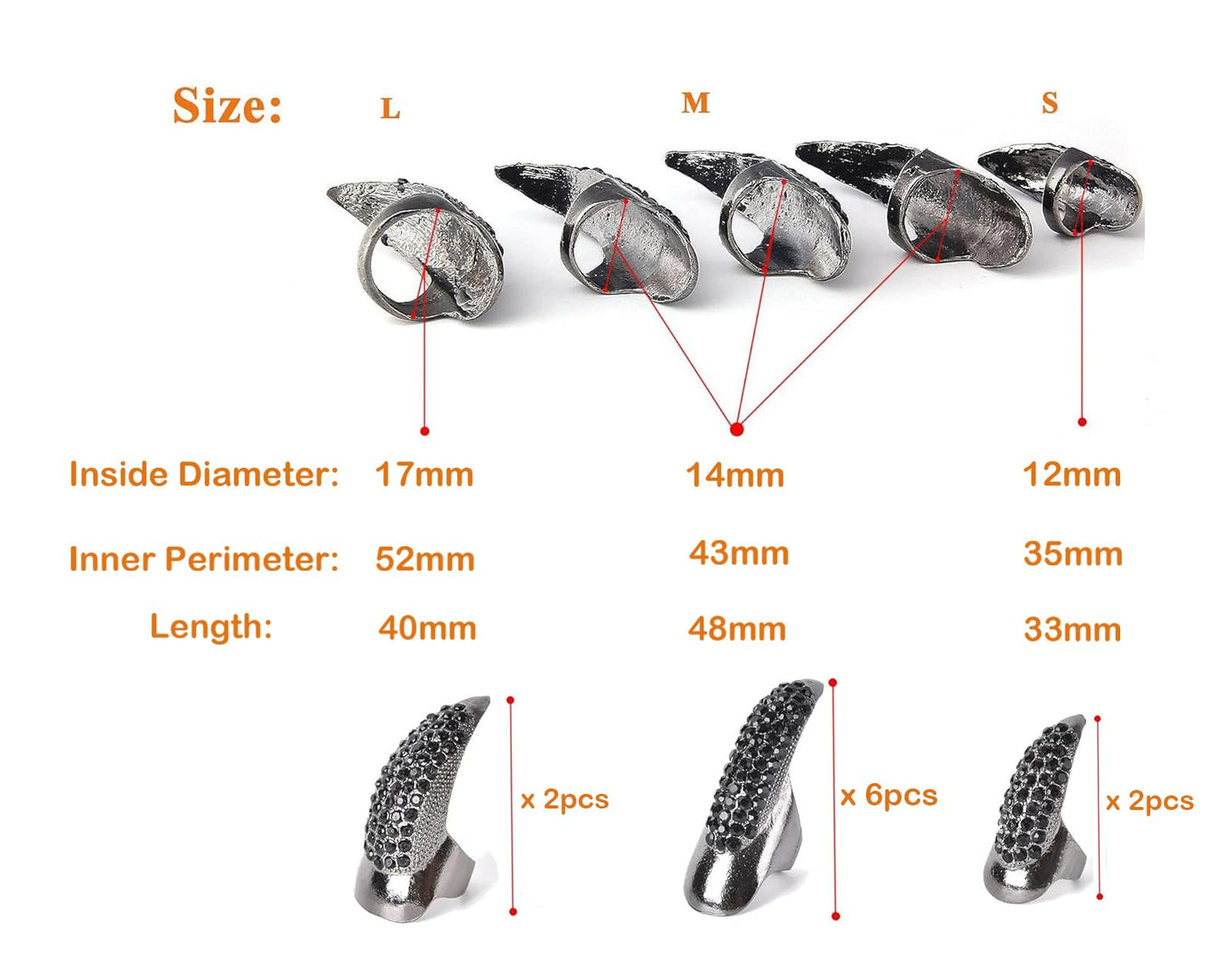10 Pcs Halloween Costume Fake Finger Claws - Gothic Punk Cosplay Nail Rings - Sparkling Crystals Paved Party Accessories for Girls Women Men - Witch