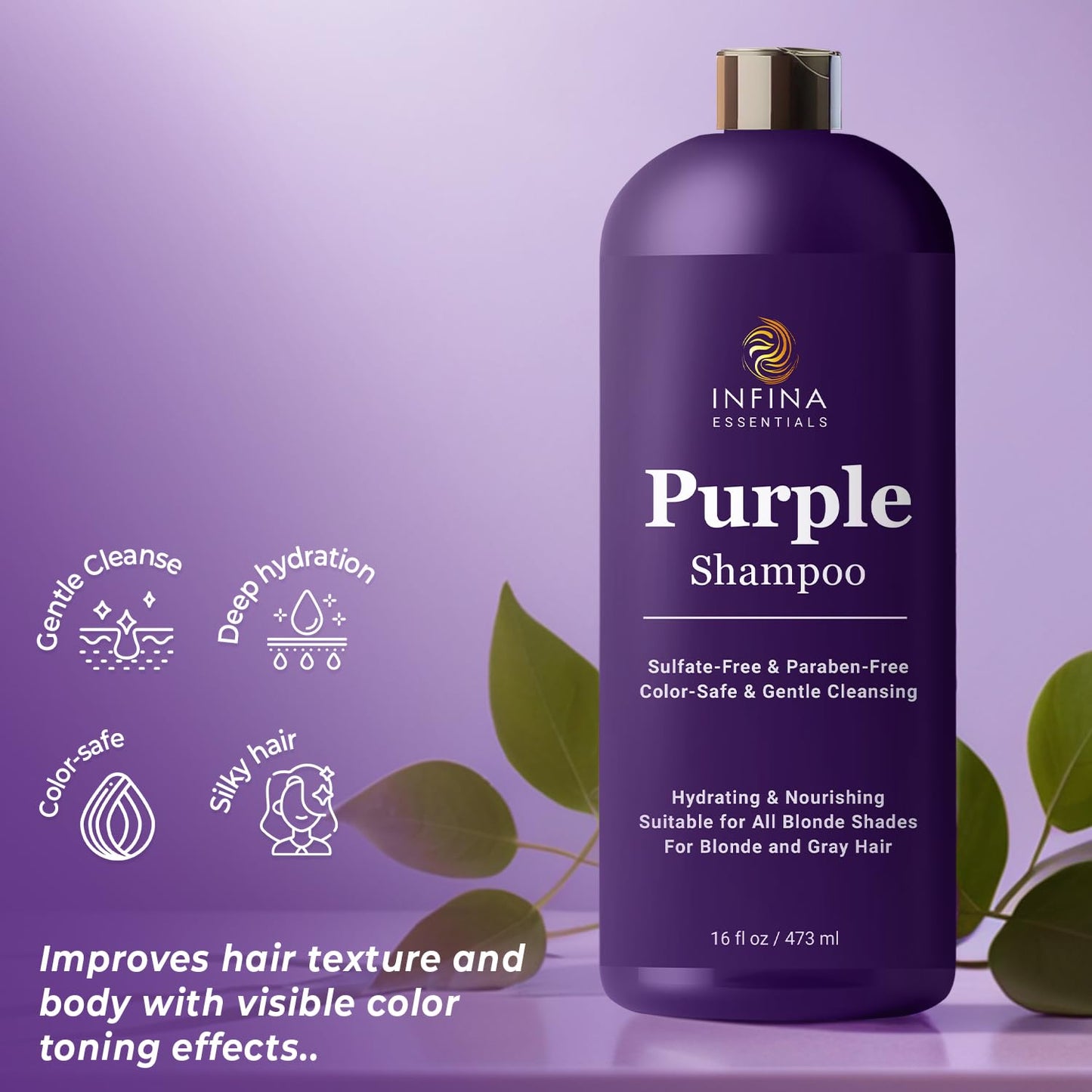 INFINA ESSENTIALS Purple Shampoo for Blondes, Gray, Brassy & Color Treated Hair, Sulfate Free, Enriched with Green Tea & Chamomile & Avocado Oil