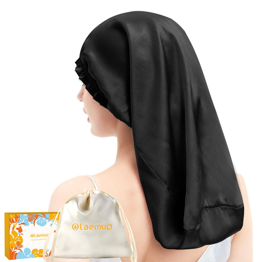Olaemuo Long Silk Hair Bonnet – 100% Mulberry Silk Sleep Cap for Women & Men, Night Hair Wrap for All Long Hair Types, Black