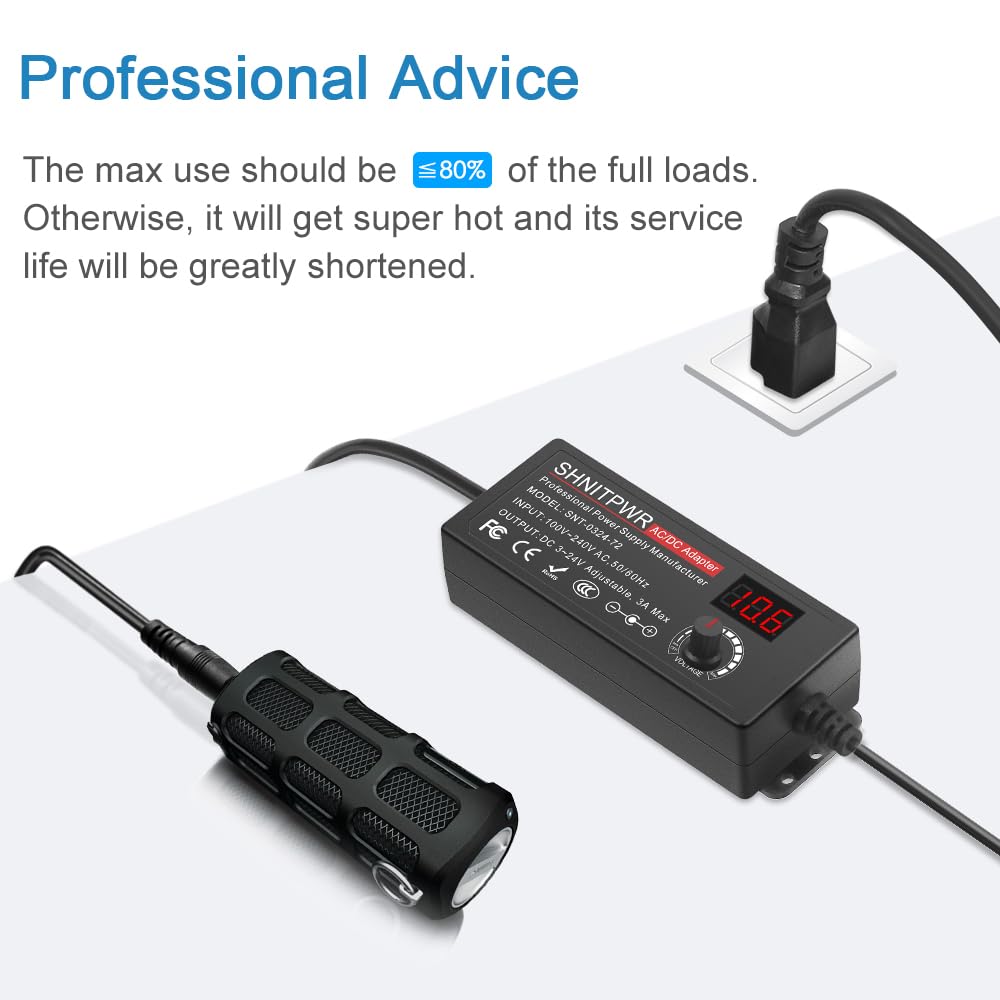 SHNITPWR 72W Adjustable Power Supply โ 3V-24V 3A Universal AC/DC Adapter 100-240V to DC Converter with 14 Tips for Multiple Devices