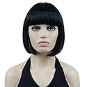 Lydell 8" Straight Short Bob Hair Flat Bangs Cute Central Dot Skin Top Heat Resistant Synthetic Wigs (Black)